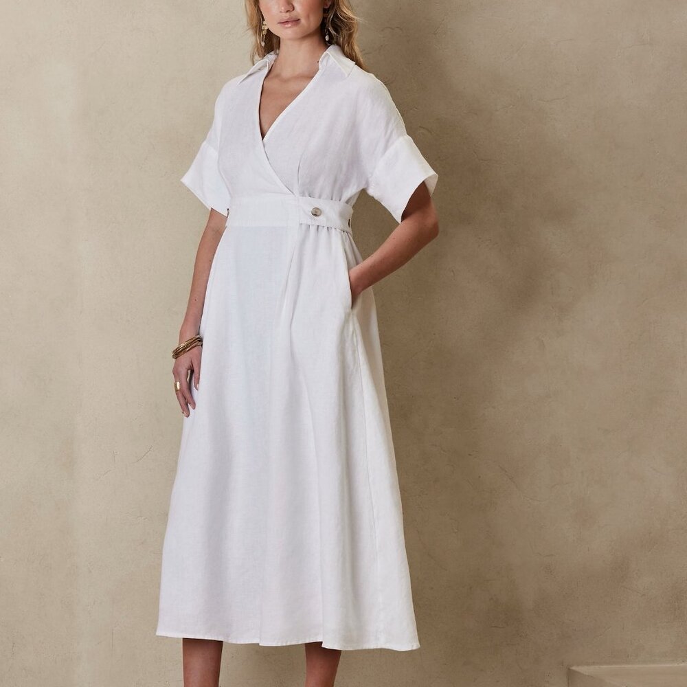 NWT!!! Banana Republic White Linen Sedona Fit and Flare Wrap Midi Shirt Dress M